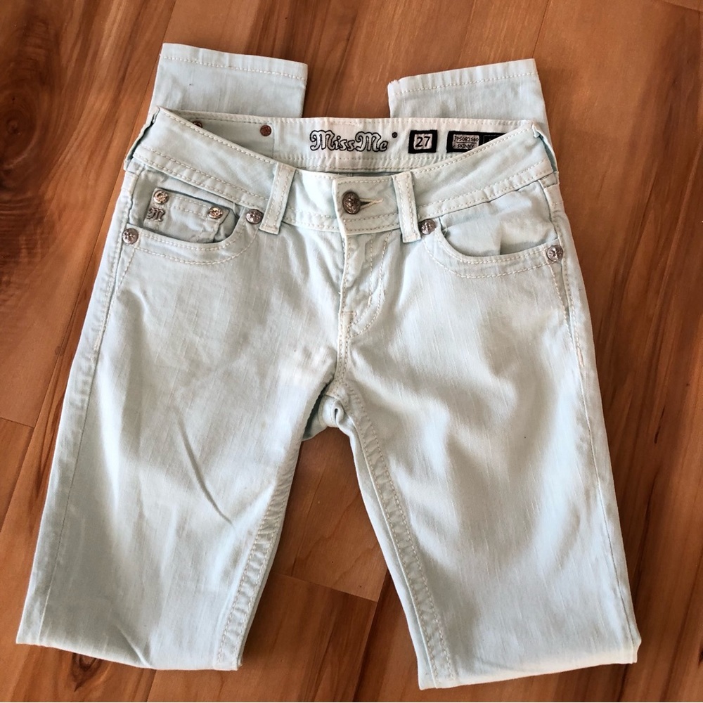 Miss Me Light Blue Skinny Denim Jeans Rhinestones Pockets Size 27 - Picture 2 of 5
